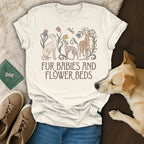 Cream t-shirt with greyhounds and floral graphics, printed with the text Fur Babies and Flower Beds.