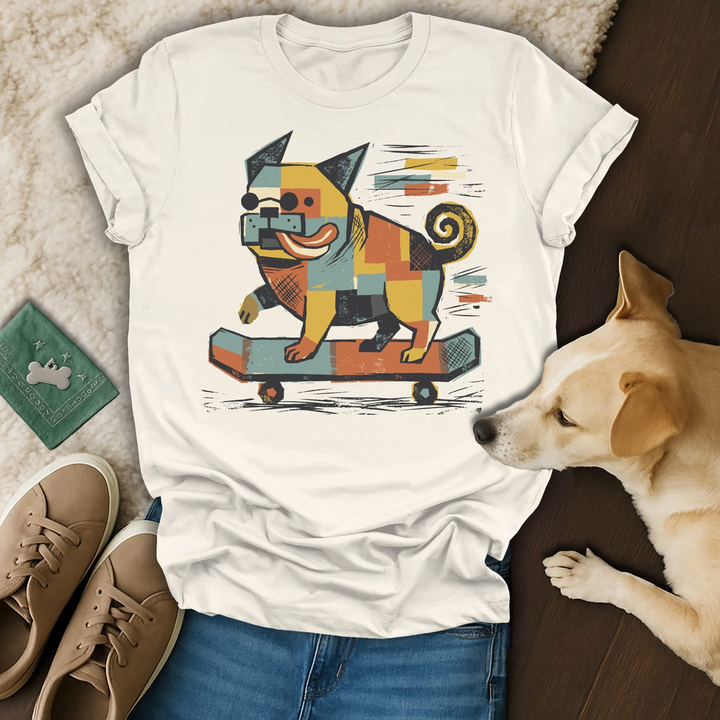 Abstract dog wearing sunglasses riding a skateboard on a t-shirt.