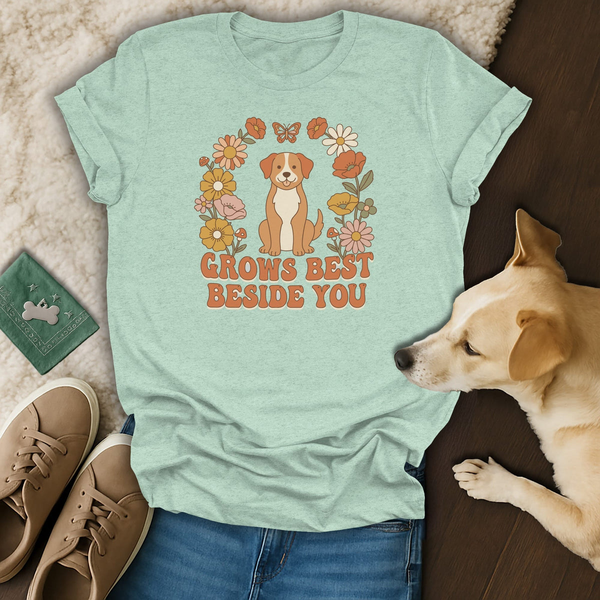 Mint green t-shirt featuring a cartoon dog and flowers with the text Grows Best Beside You.