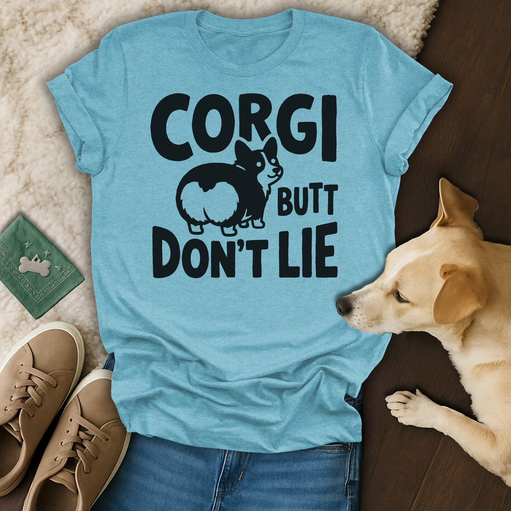 Light blue t-shirt with black text "CORGI BUTT DON'T LIE".