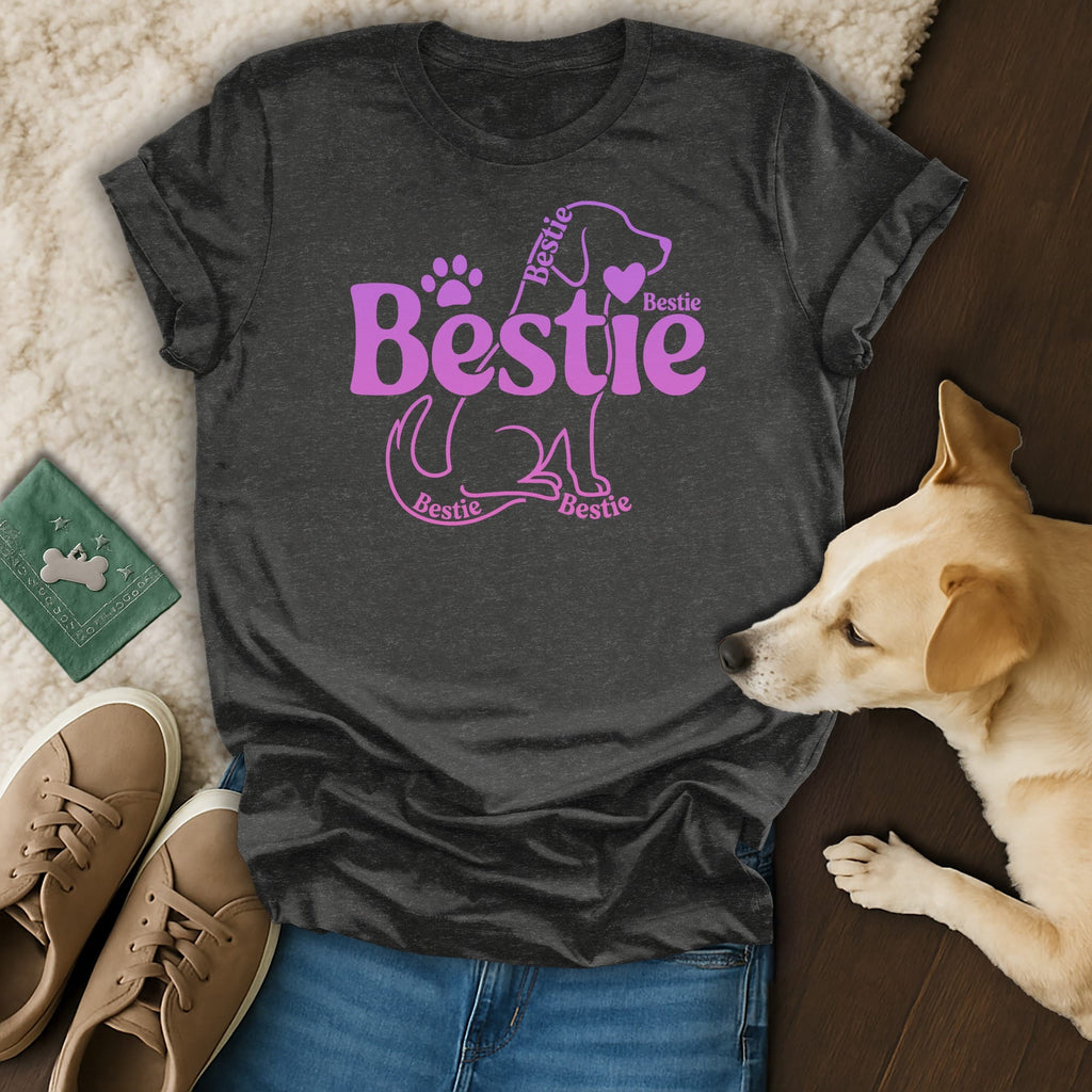 Dark gray t-shirt with pink "Bestie" dog and heart graphic.