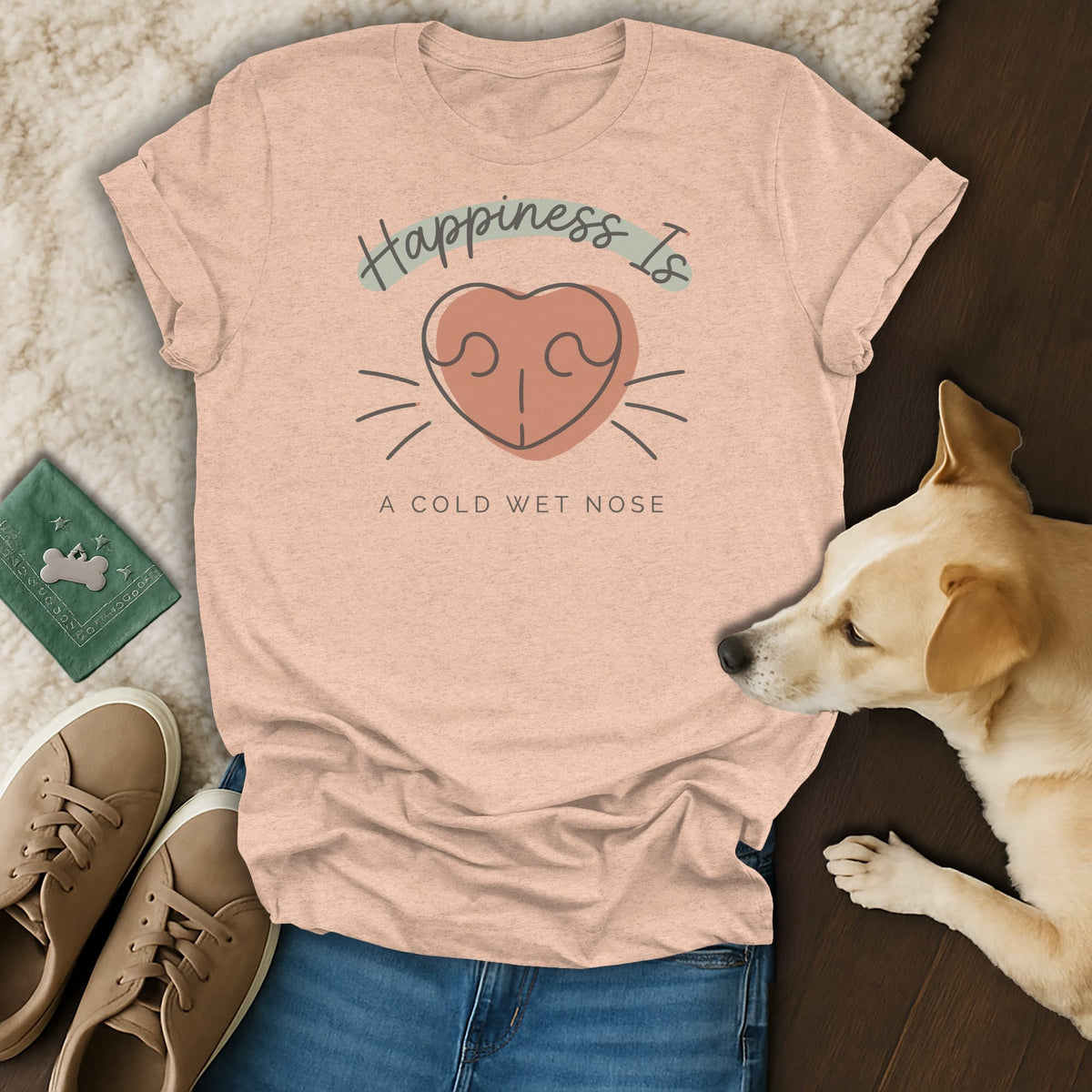 Peach t-shirt with text "Happiness Is A Cold Wet Nose" and dog nose graphic.