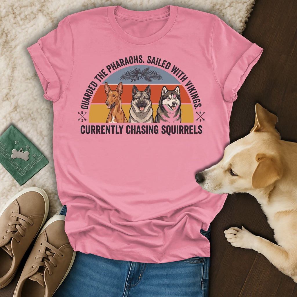 Pink t-shirt with three dogs, "Guarded the Pharaohs. Sailed with Vikings. Currently Chasing Squirrels."