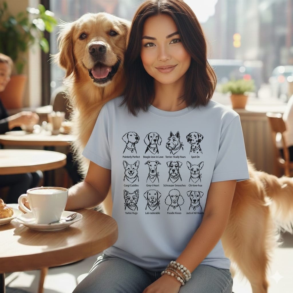 T-shirt with illustrations and puns of 12 dog breeds.