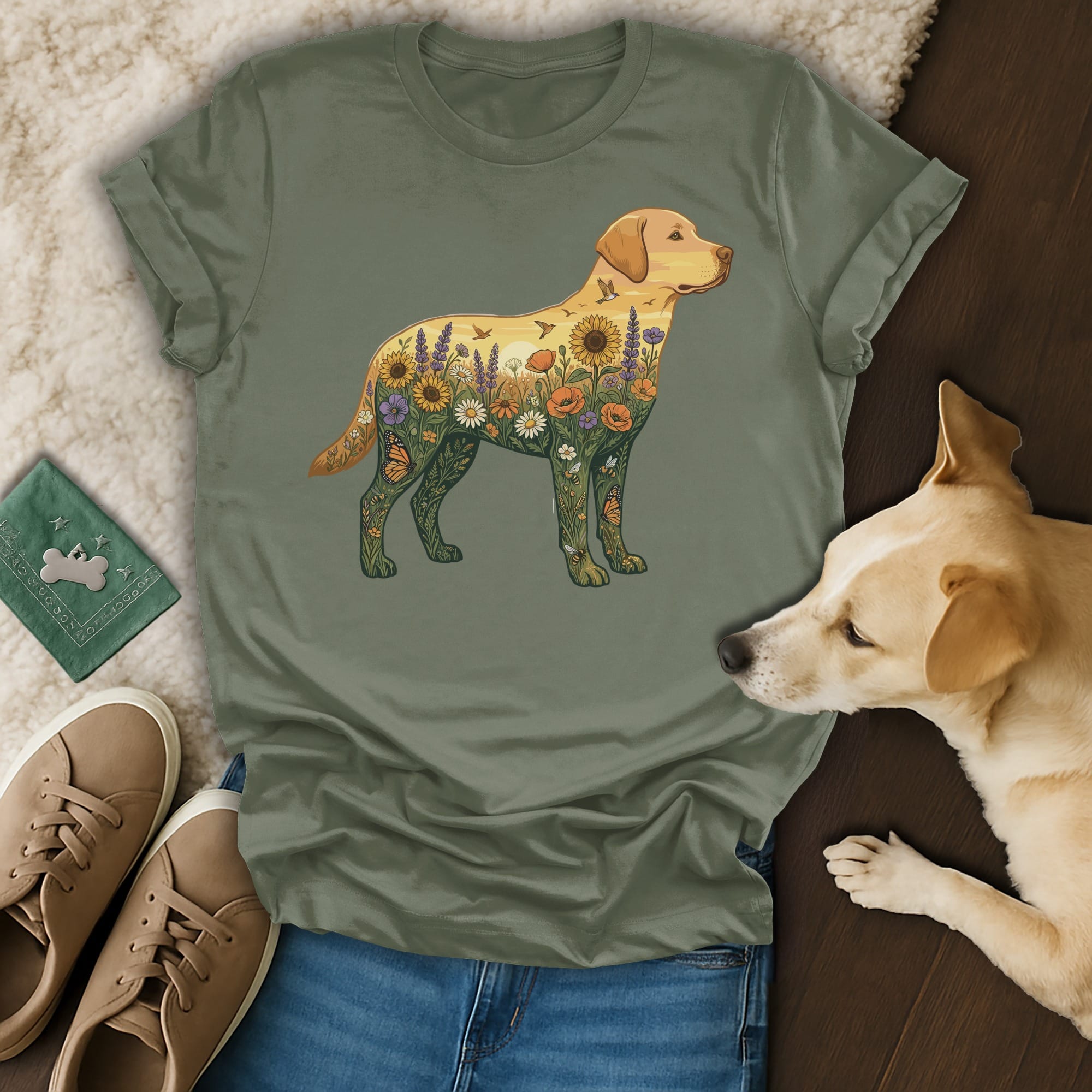 Olive green t-shirt with golden retriever silhouette filled with floral and butterfly art.