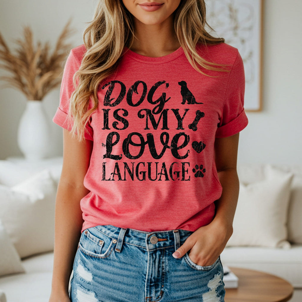 Dog is my love language graphic tee with dog and bone silhouettes.