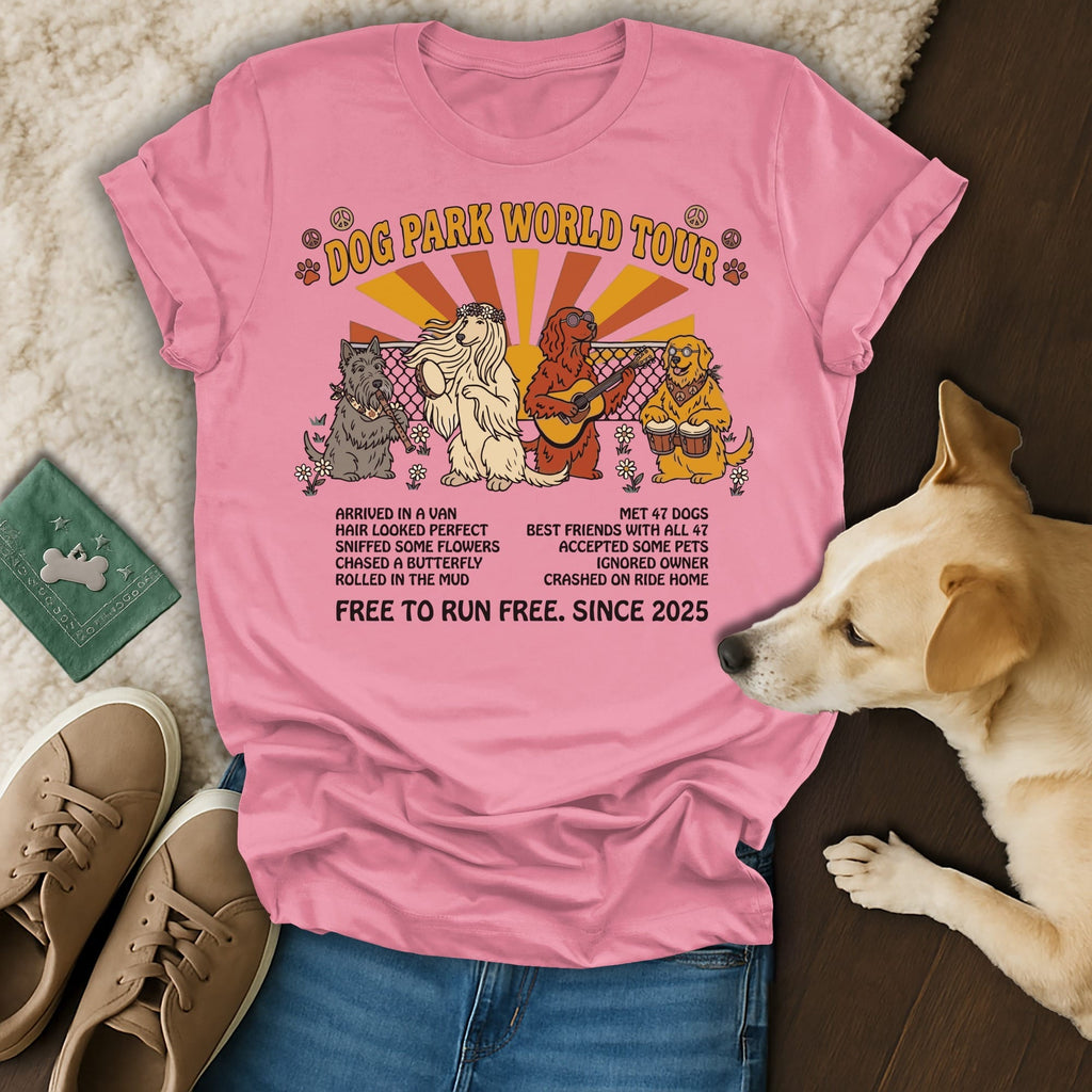 Pink t-shirt with dogs on a "Dog Park World Tour" graphic and text.