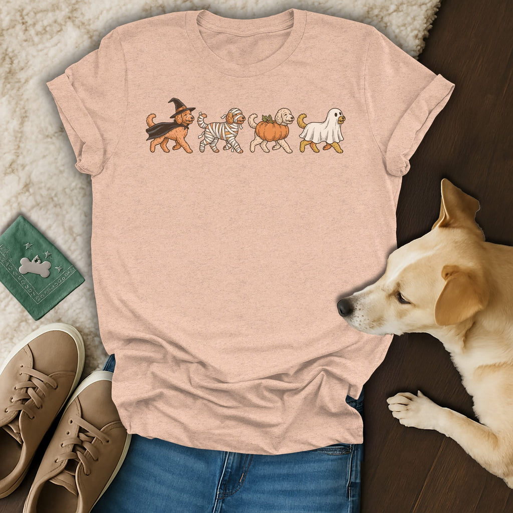 T-shirt with dogs dressed as a witch, mummy, pumpkin, and ghost.