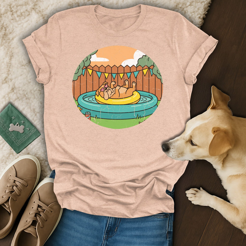 T-shirt graphic of a dog relaxing in a kiddie pool, with a dog in foreground.