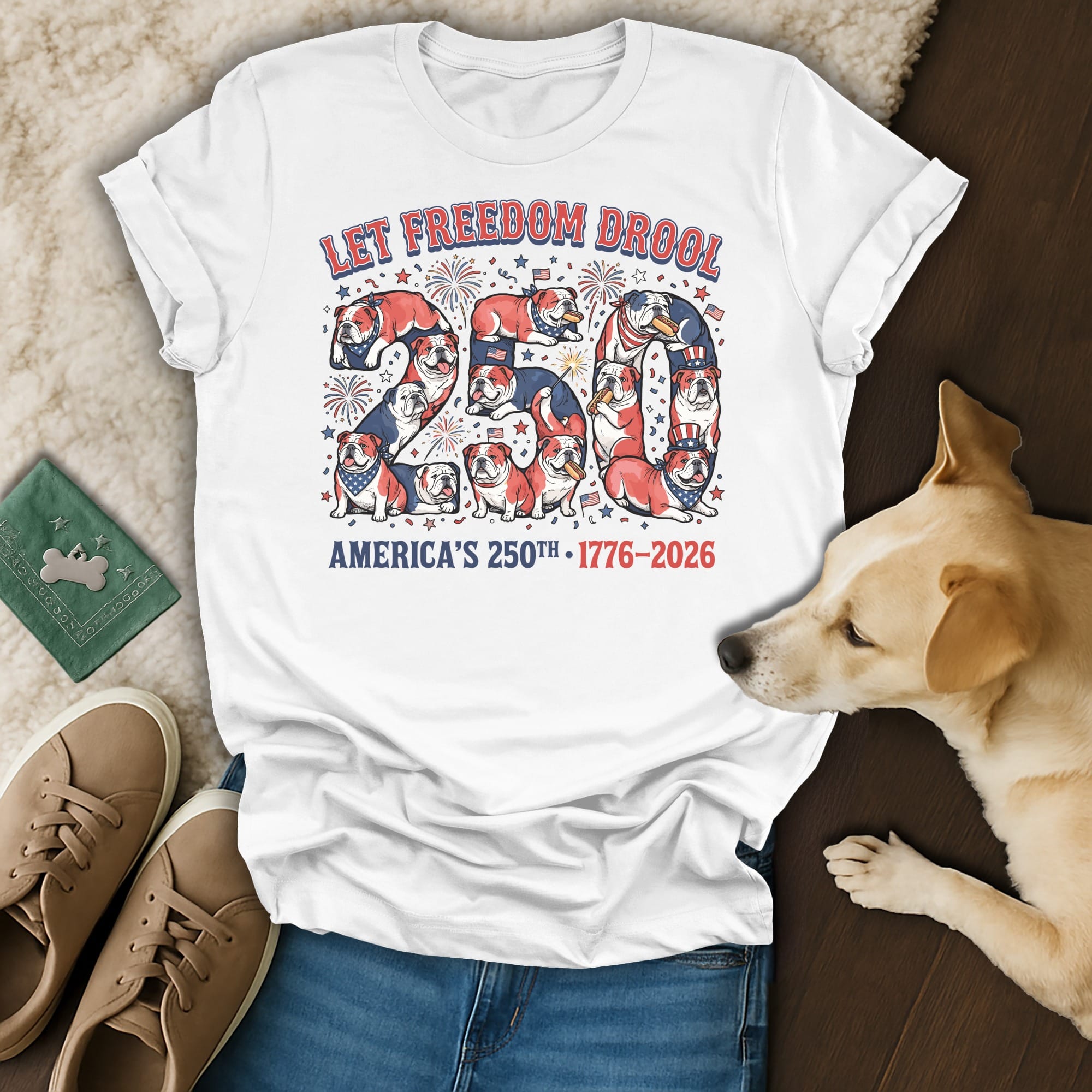 White t-shirt with "Let Freedom Drool" and dogs celebrating America's 250th anniversary.