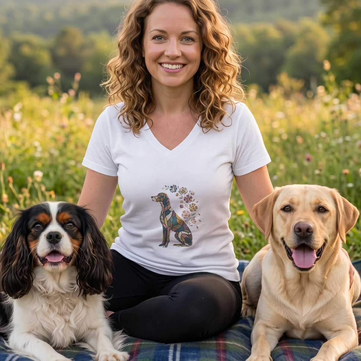 Smiling woman in a white t-shirt with a dog graphic sits on a blanket flanked by two dogs.