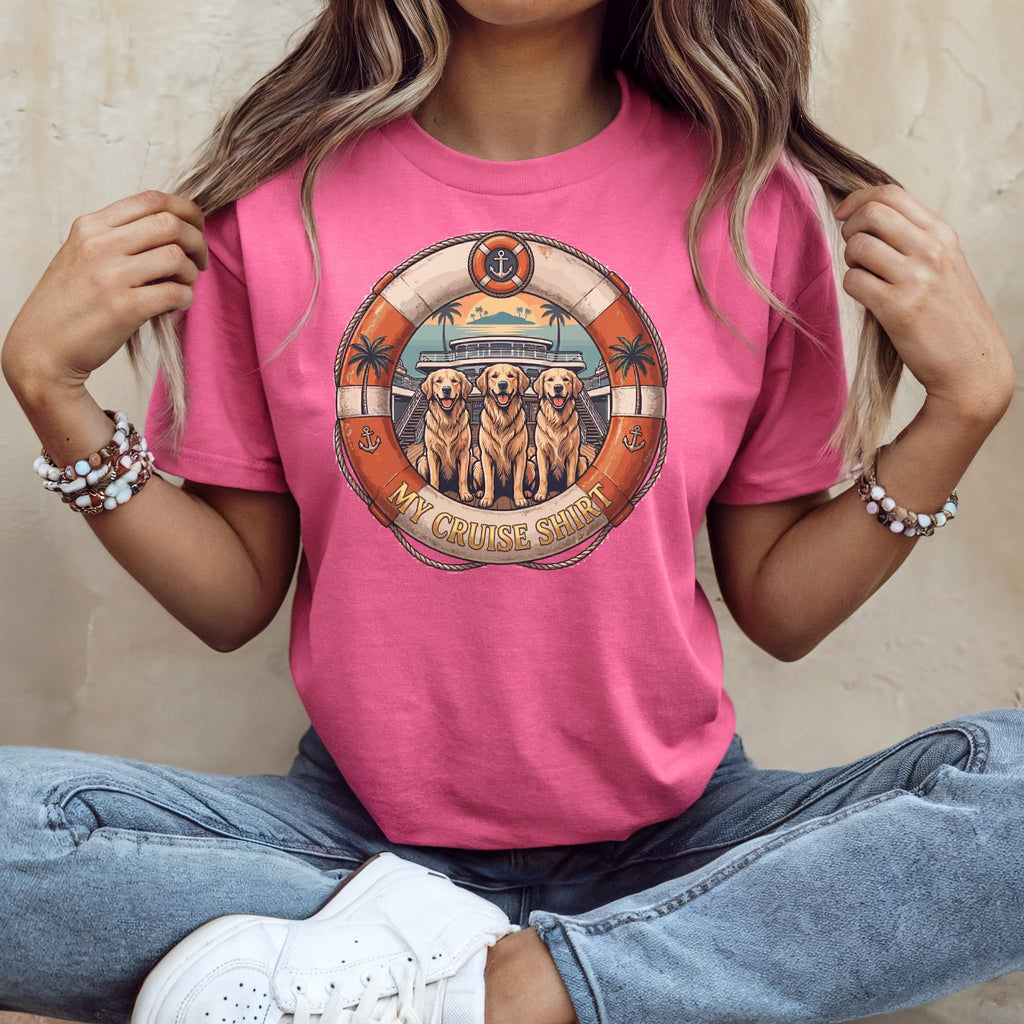 Three golden retrievers in a life preserver circle on a pink cruise shirt.