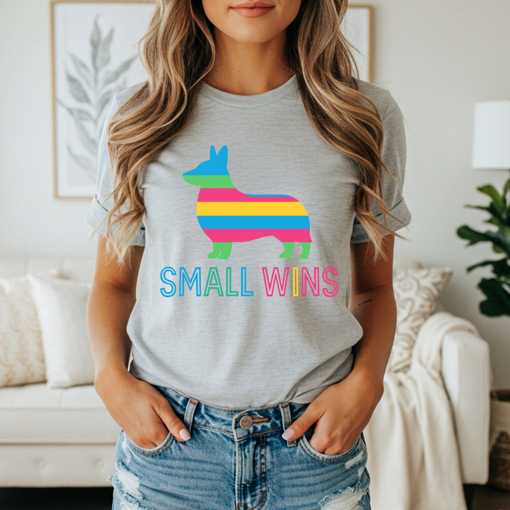 Small Wins Colorful Corgi Graphic Tee Shirt