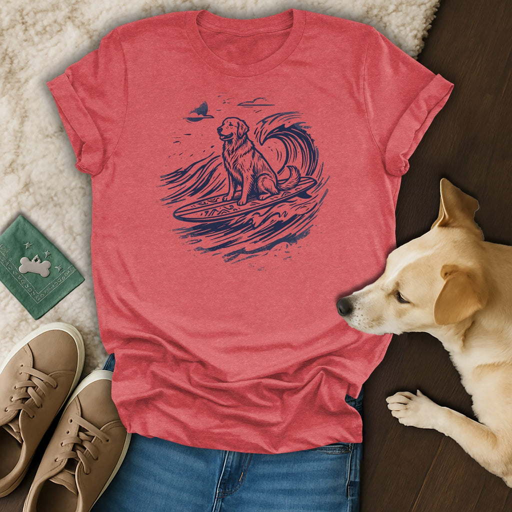 Golden retriever surfs a wave on a t-shirt with a dog nearby.