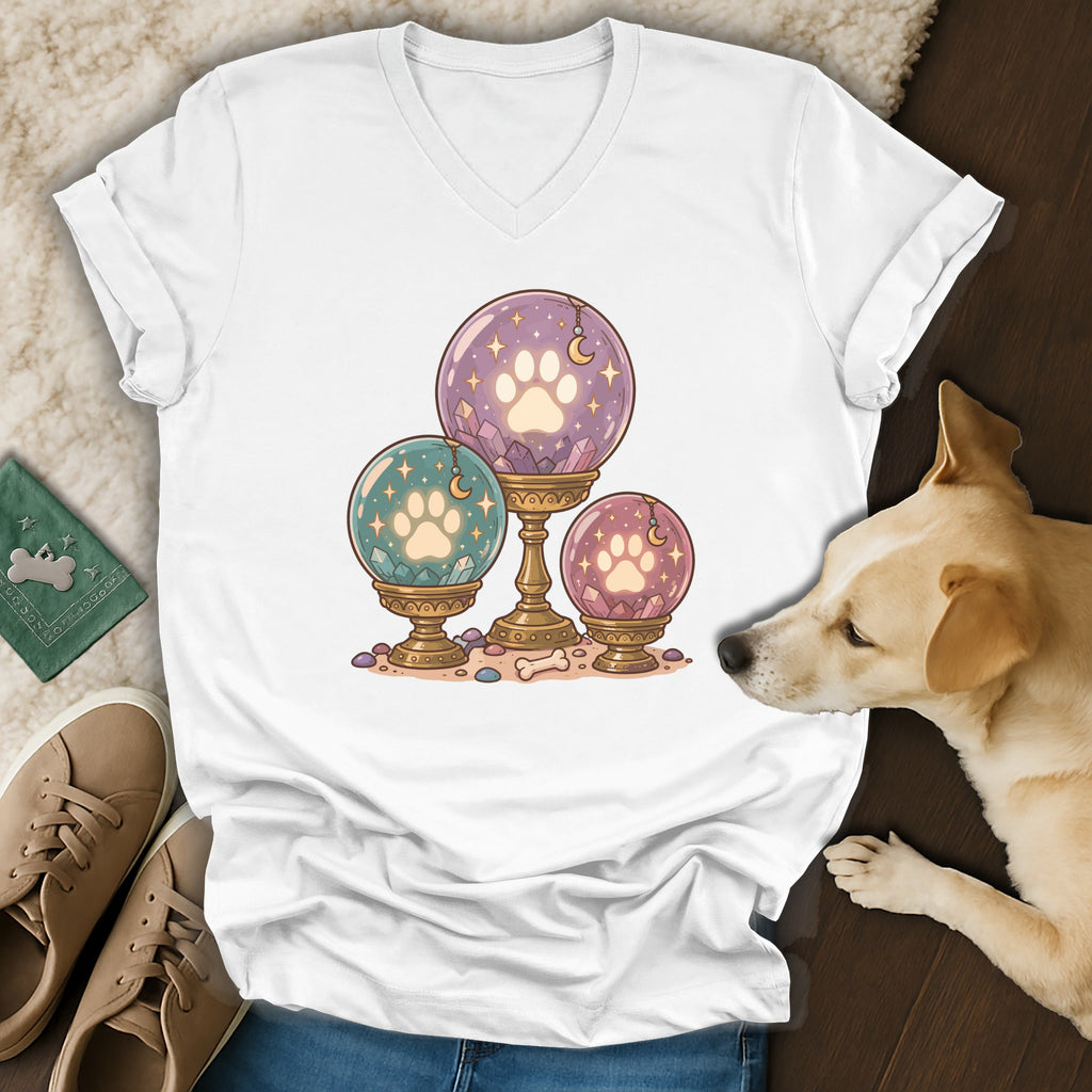 A white V-neck t-shirt displays a graphic of three glowing crystal balls featuring paw prints.
