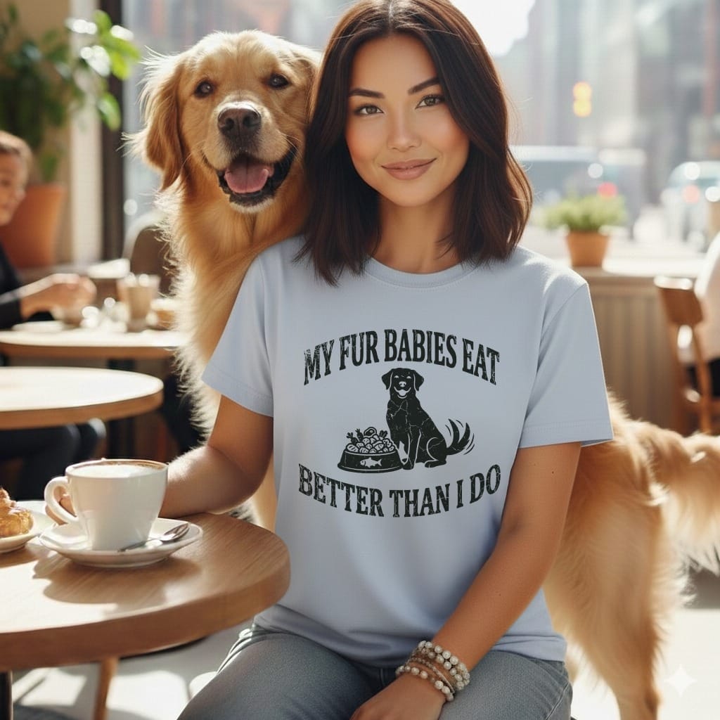 Woman with Golden Retriever wearing shirt that says "My Fur Babies Eat Better Than I Do".