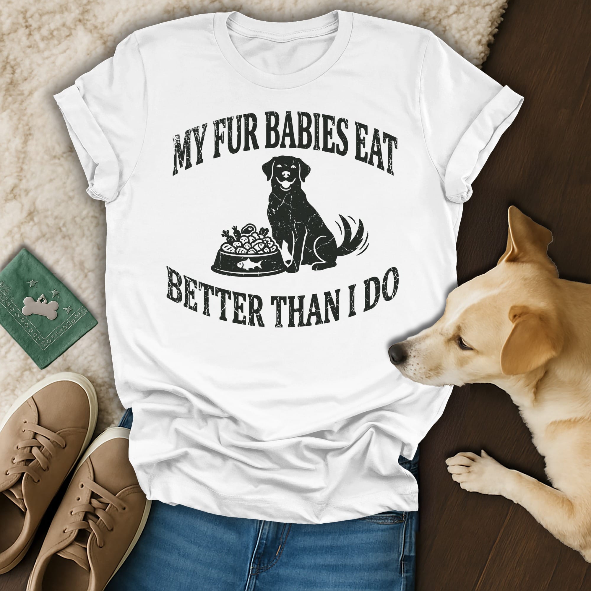 Black dog sits next to a bowl of food, text reads "MY FUR BABIES EAT BETTER THAN I DO".