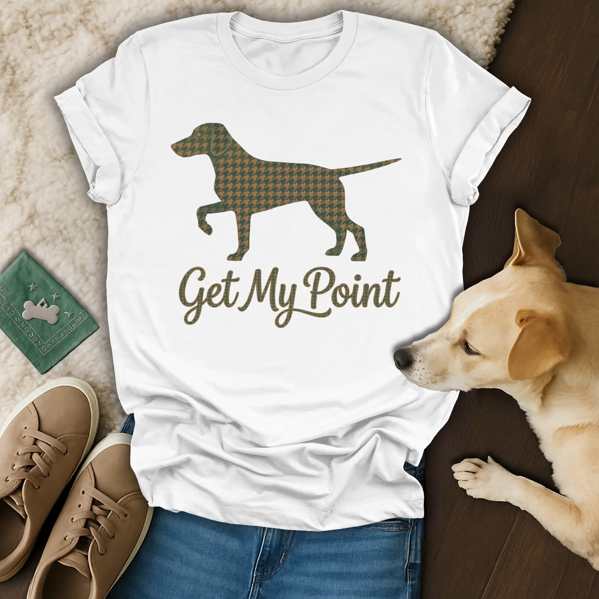 White t-shirt with dog silhouette and "Get My Point" text.