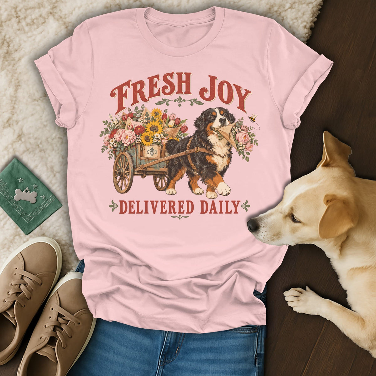 A light pink t-shirt featuring a Bernese Mountain Dog pulling a wooden cart overflowing with flowers.