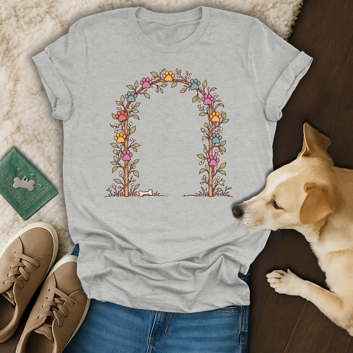 A heather gray t-shirt with a floral arch and colorful paw prints design is displayed flat.