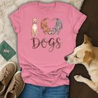 Pink t-shirt with three dogs and the word "Dogs" in watercolor font