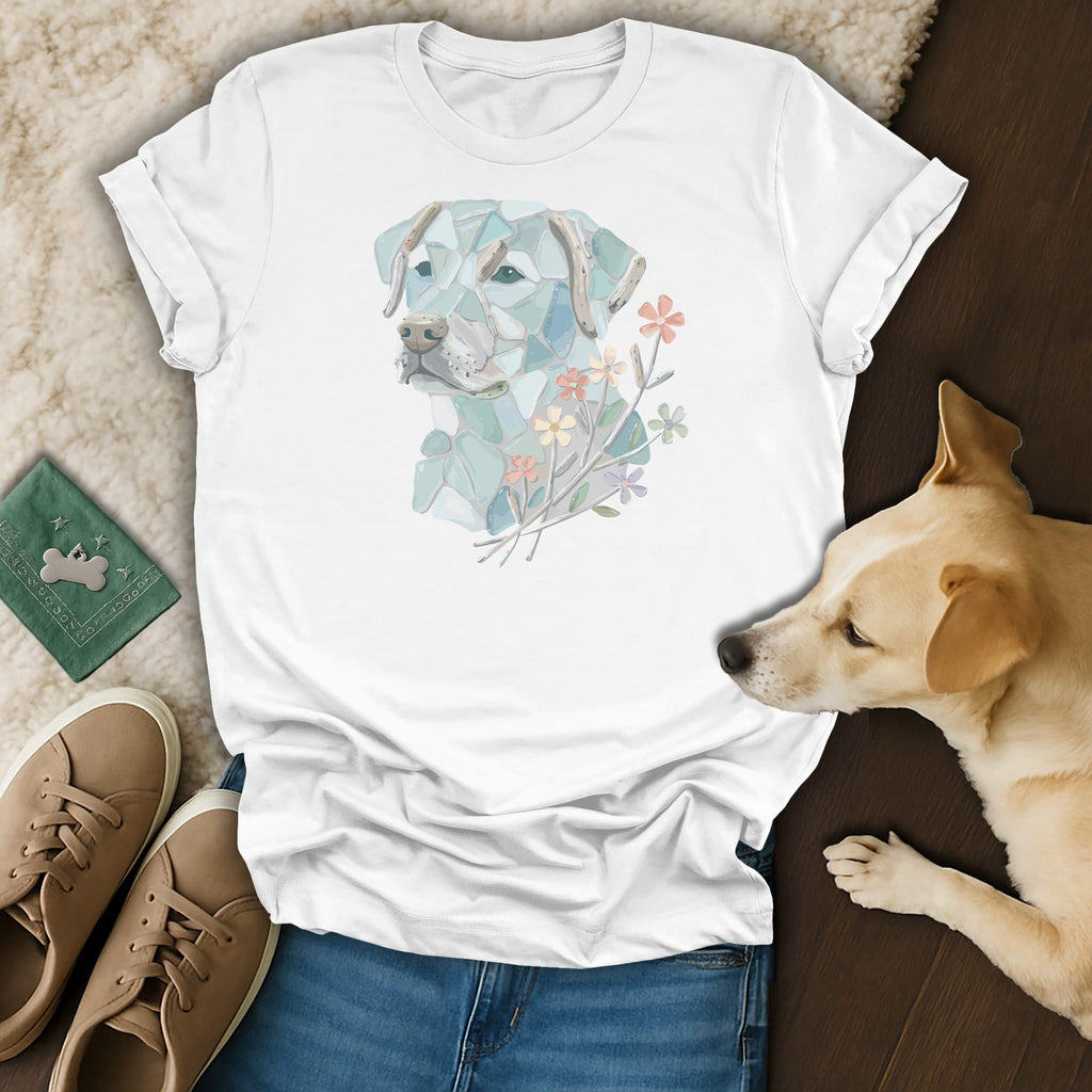 White t-shirt with abstract dog face and floral design