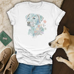 White t-shirt with abstract dog face and floral design