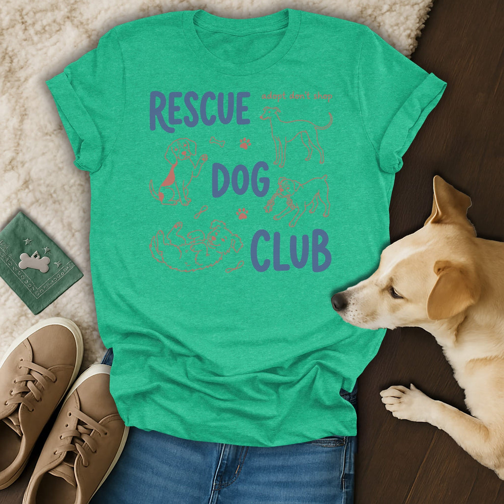 Green t-shirt with "Rescue Dog Club" text and dog illustrations.
