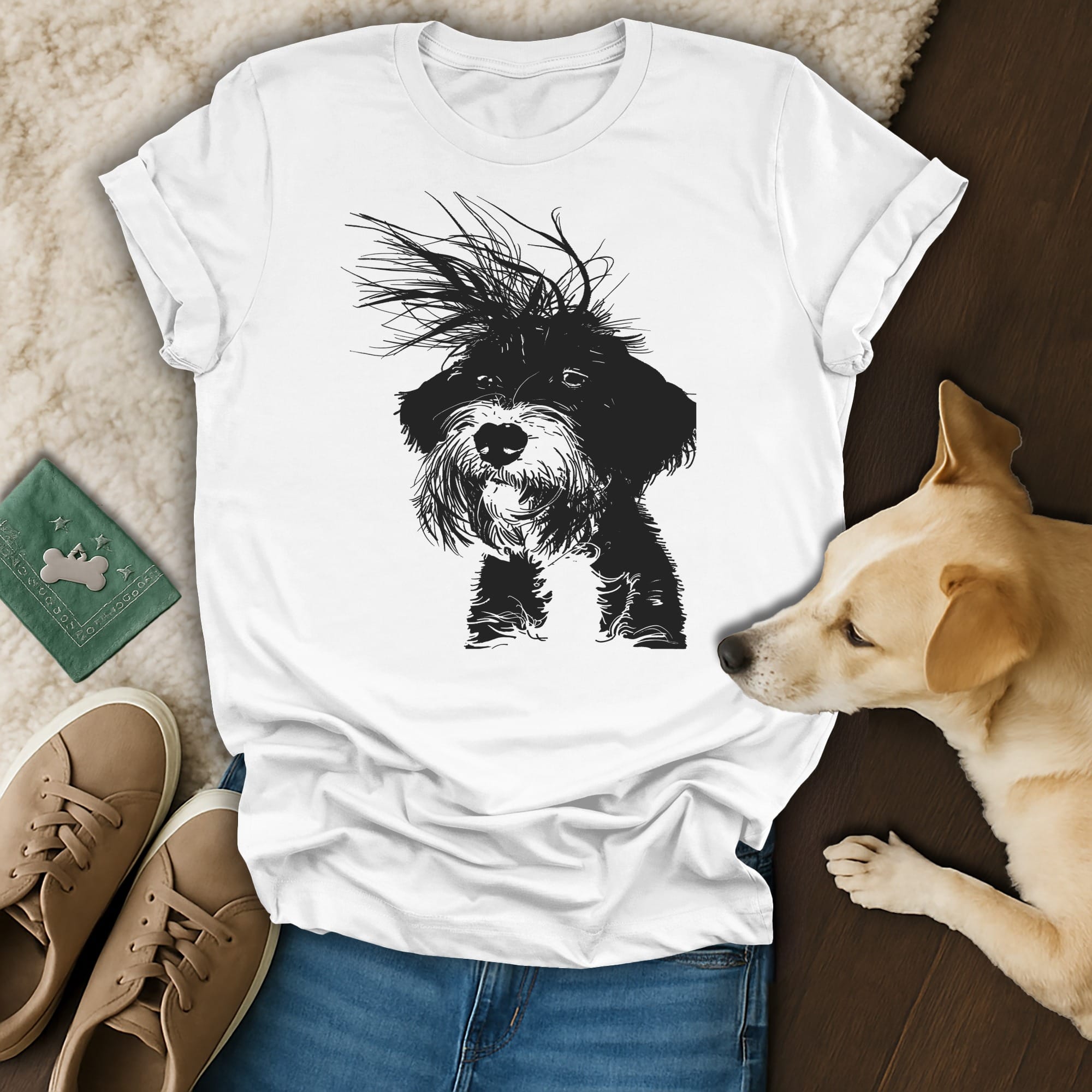 T-shirt with a sketch of a scruffy black dog, lying on wooden floor.