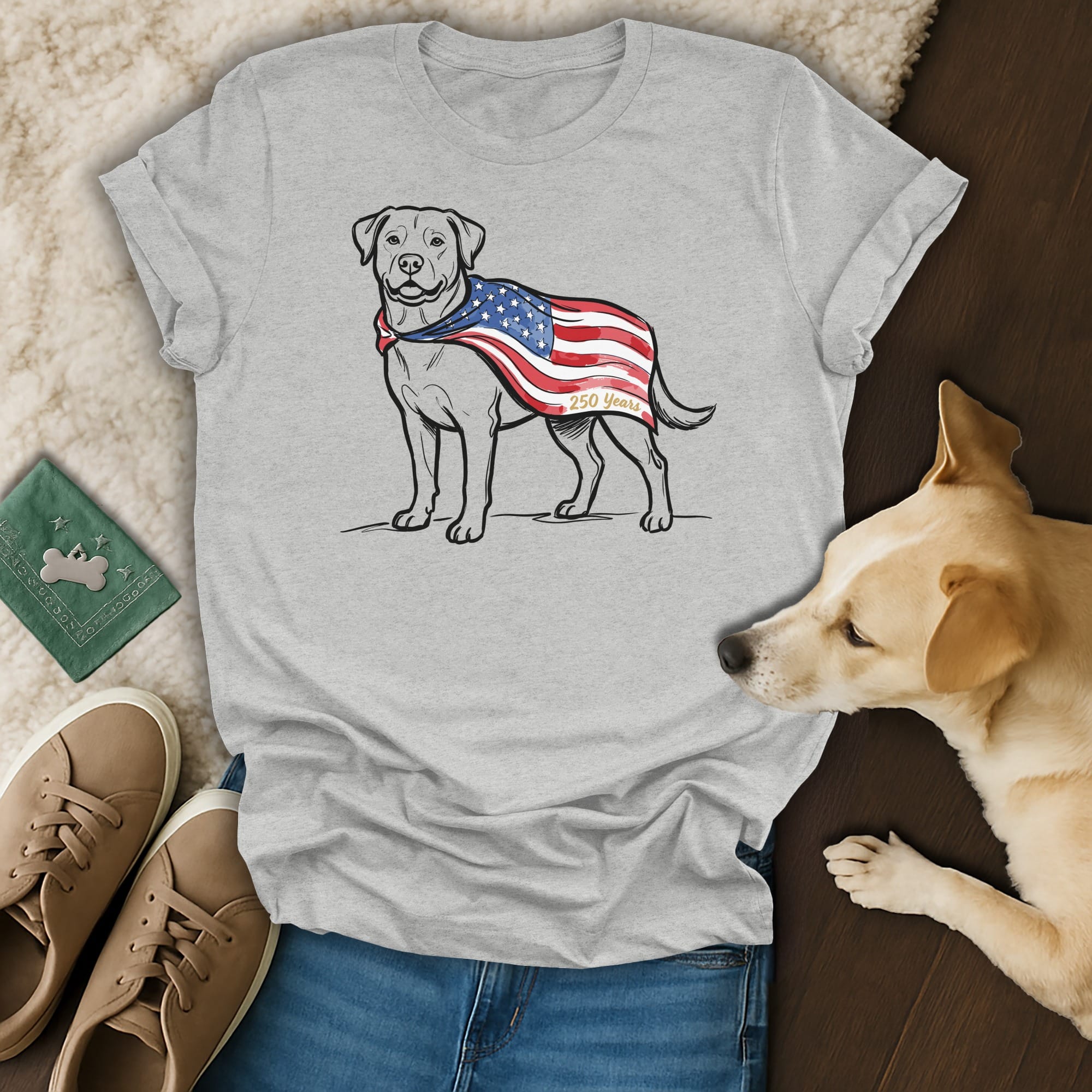 Dog wearing an American flag cape with "250 Years" text.