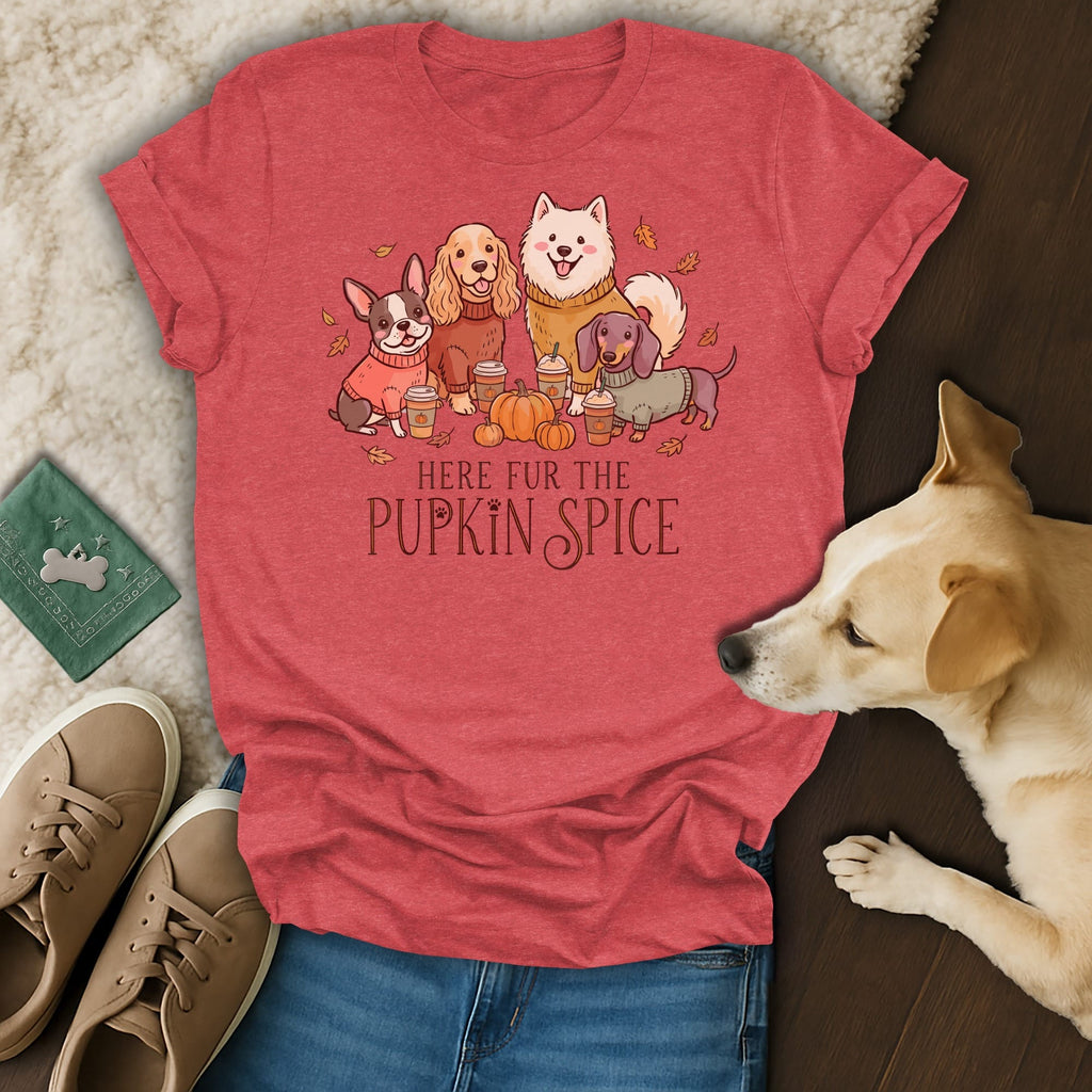 T-shirt with dogs, pumpkins, and coffee cups, text "HERE FUR THE PUPKIN SPICE."