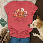 T-shirt with dogs, pumpkins, and coffee cups, text "HERE FUR THE PUPKIN SPICE."