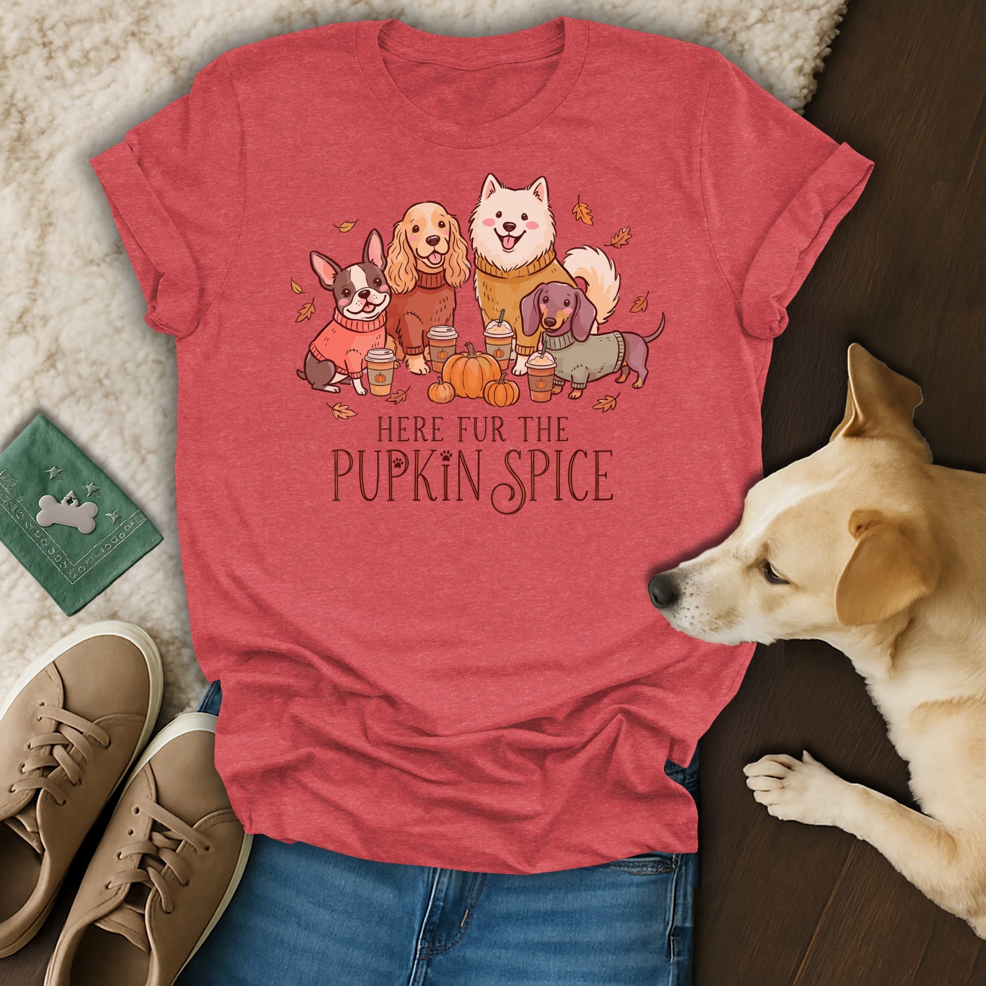 T-shirt with dogs, pumpkins, and coffee cups, text "HERE FUR THE PUPKIN SPICE."