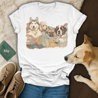 Watercolor painting of four dogs on a white t-shirt.
