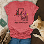 T-shirt graphic of a poodle applying makeup with text "Best in Groom".