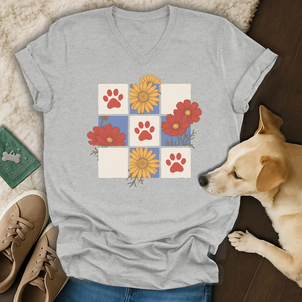 Grey t-shirt with a grid of red paw prints and floral designs.