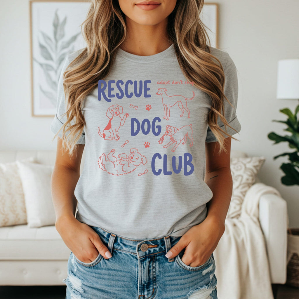 Grey t-shirt with "Rescue Dog Club" text and illustrations of dogs.