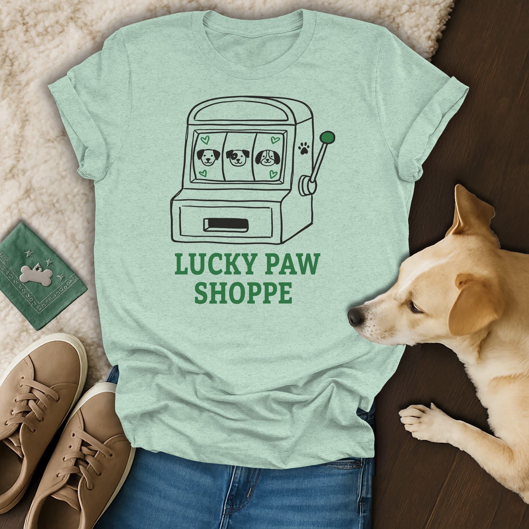 Light green t-shirt with slot machine graphic and "Lucky Paw Shoppe" text.