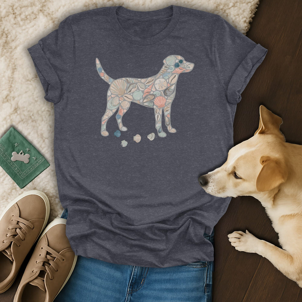 Dark grey t-shirt with a dog silhouette filled with seashells and sand dollars.