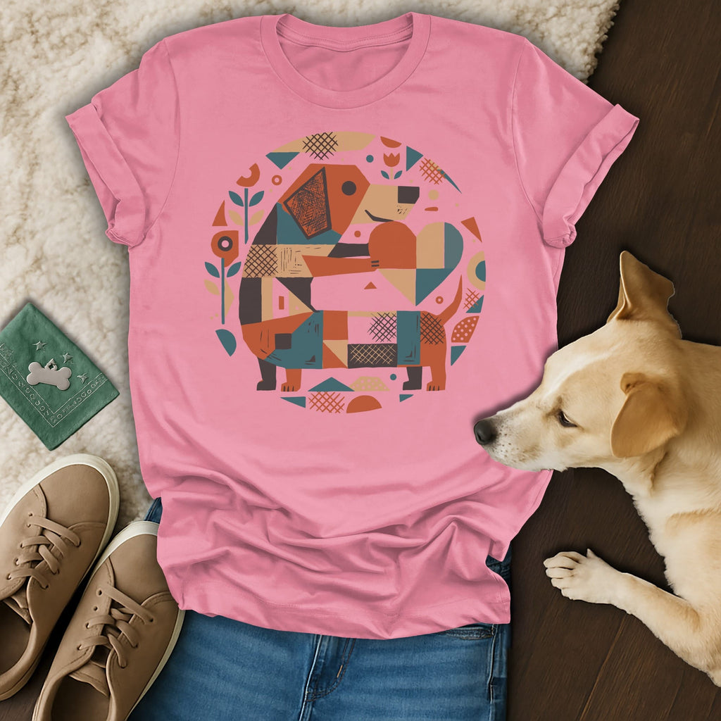 Pink t-shirt with geometric dog and floral pattern, flat lay with dog and shoes.