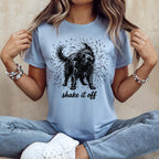 Light blue t-shirt with black dog graphic and text "SHAKE IT OFF".