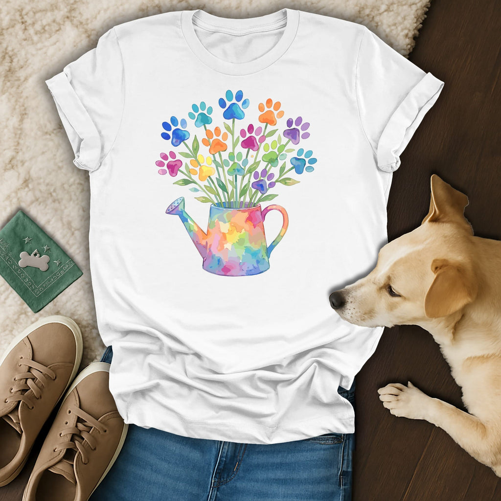 White t-shirt with watercolor paw print flowers in a watering can.