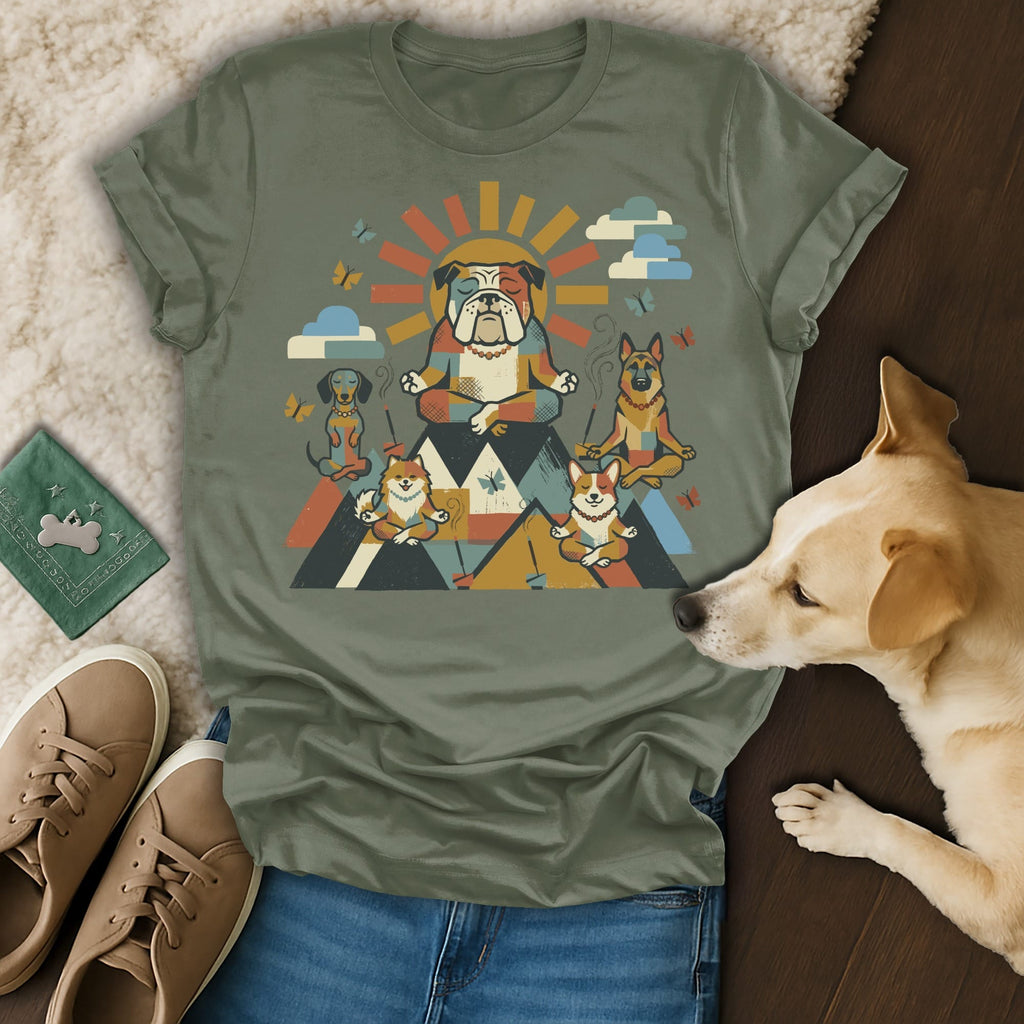 Bulldog and corgi dogs meditating with sun, mountains, and butterflies design.