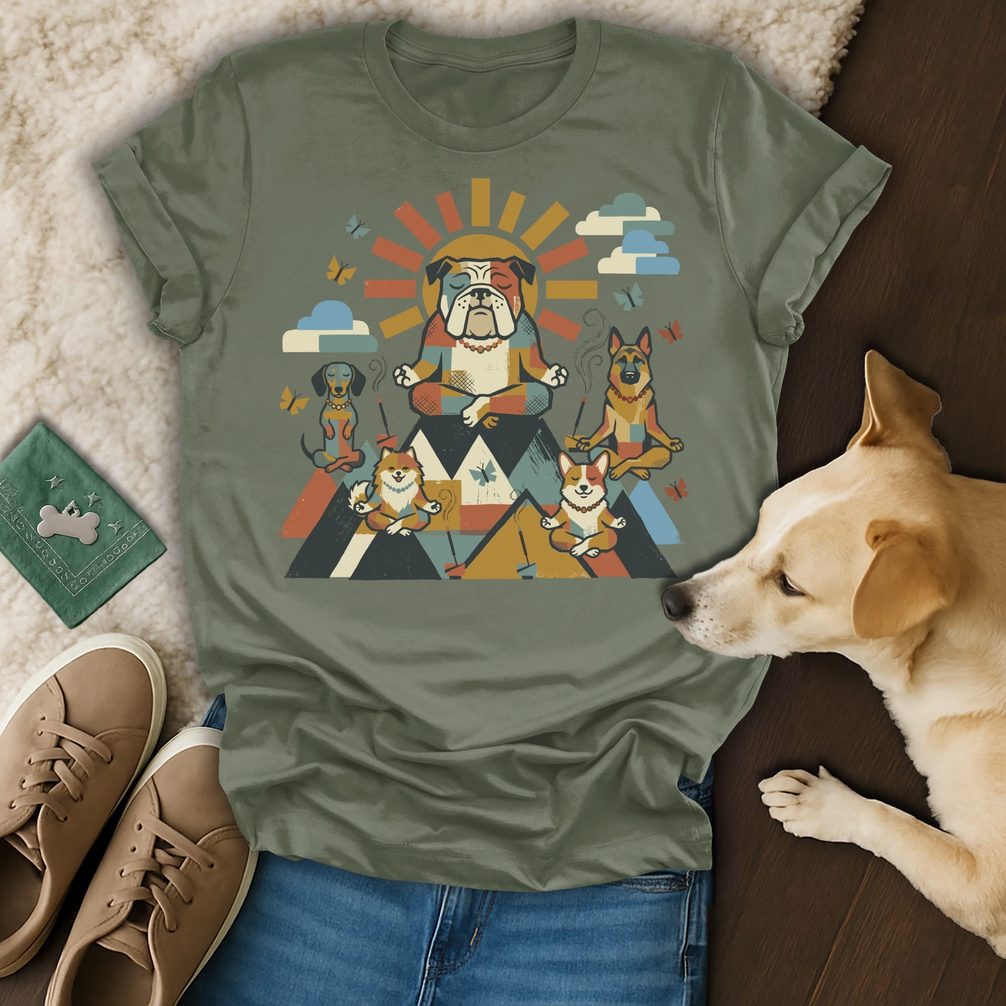 Bulldog and corgi dogs meditating with sun, mountains, and butterflies design.