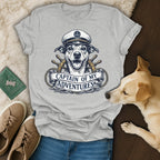 Dog wearing captain's hat, "Captain of My Adventures" text on banner.