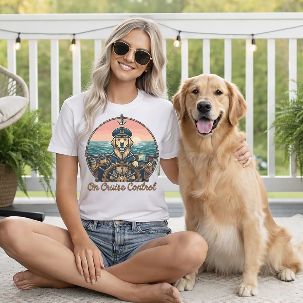 Woman and dog wearing t-shirt with "On Cruise Control" text.