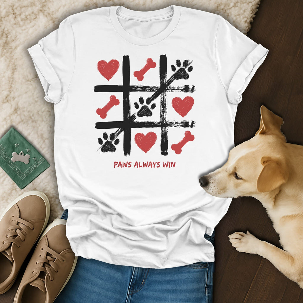 White t-shirt with tic-tac-toe board featuring paw prints, bones, hearts. "Paws Always Win" text.