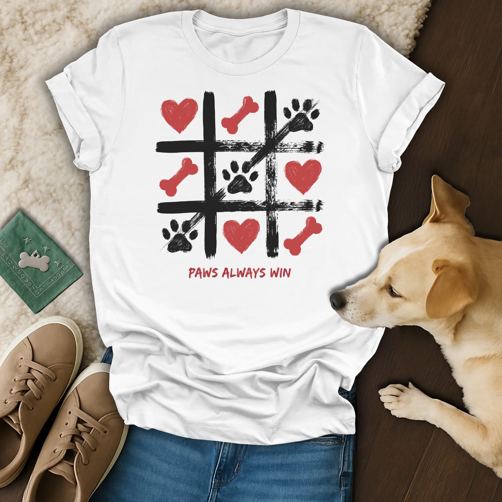 White t-shirt with tic-tac-toe board featuring paw prints, bones, hearts. "Paws Always Win" text.