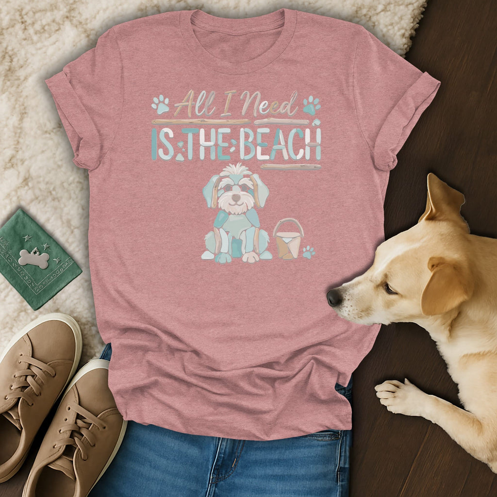 Pink t-shirt with text "All I Need Is The Beach" and a cartoon dog.