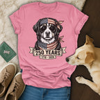 Bernese Mountain Dog wearing sunglasses and bandana, "250 Years 1776-2026" text.